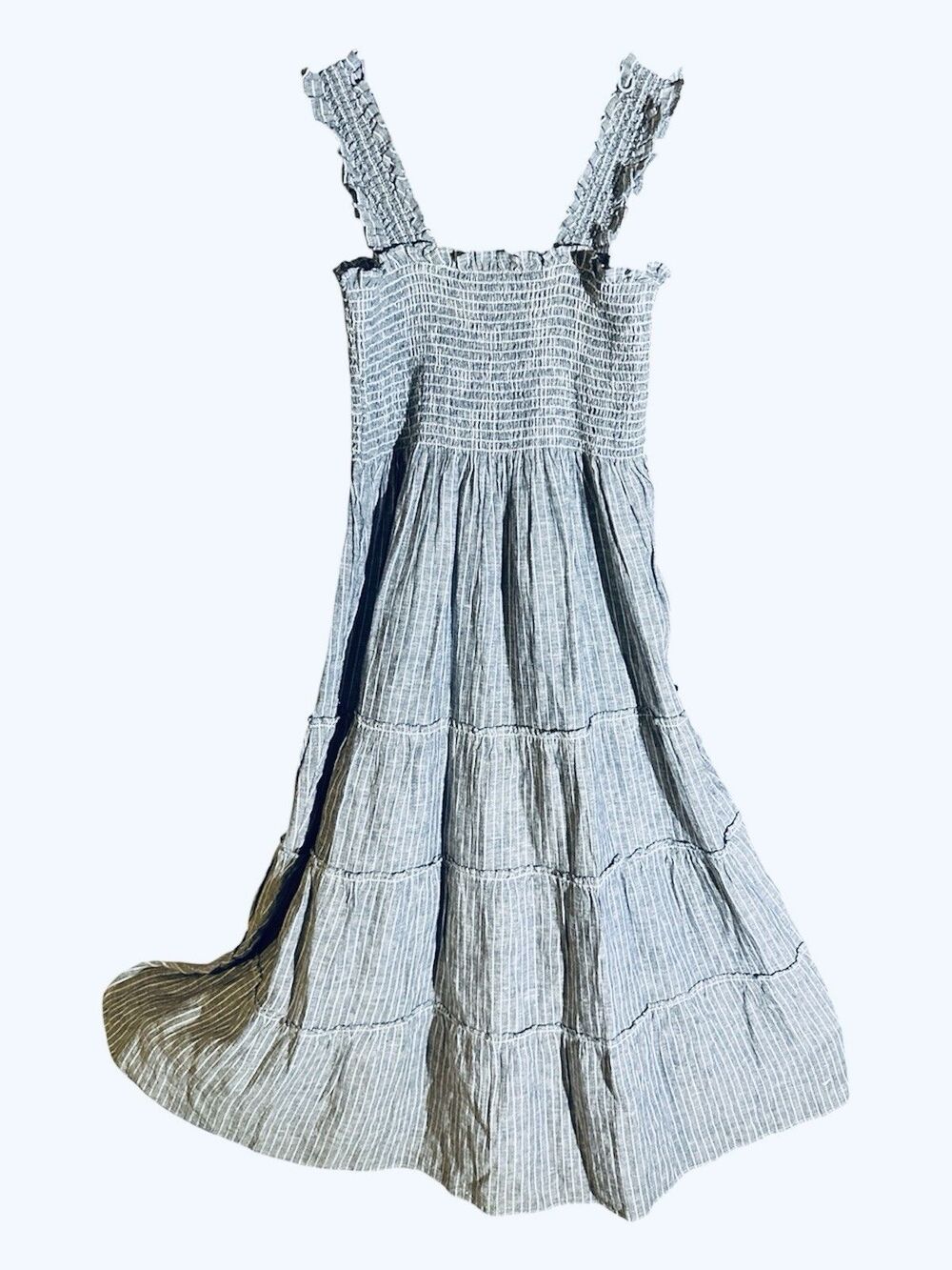 Quince 100% European Linen L Smocked Chambray Tiered Long Dress Coastal Cottage